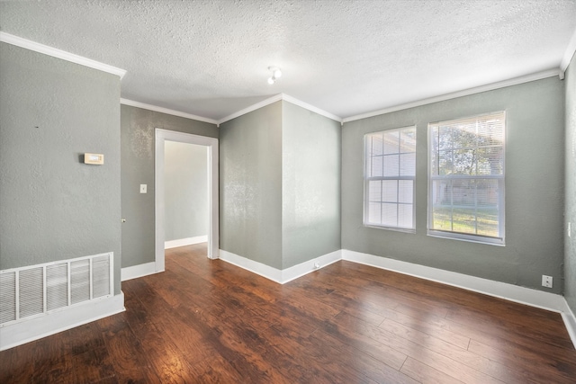 unfurnished room with a textured ceiling, dark hardwood / wood-style flooring, and ornamental molding