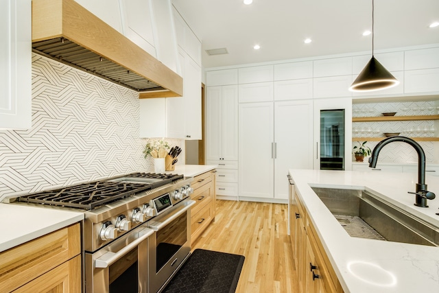 kitchen featuring sink, hanging light fixtures, tasteful backsplash, premium range hood, and stainless steel stove