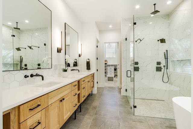 bathroom with separate shower and tub, backsplash, and vanity