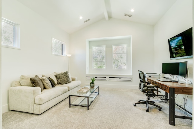 carpeted office with lofted ceiling with beams and plenty of natural light