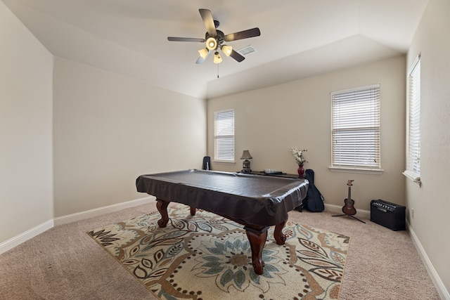 recreation room with ceiling fan, light colored carpet, vaulted ceiling, and billiards