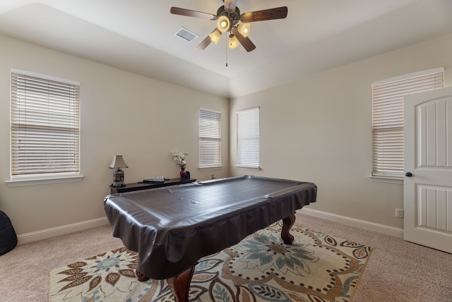 recreation room featuring light colored carpet, ceiling fan, and billiards