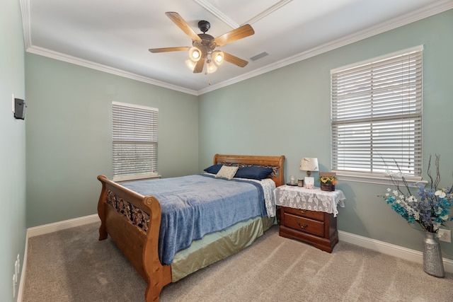 bedroom featuring light carpet, ceiling fan, and ornamental molding