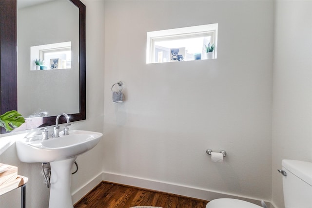 bathroom with toilet and hardwood / wood-style floors