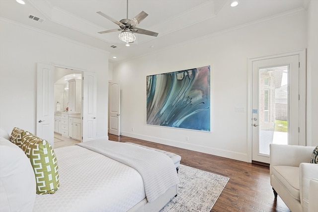 bedroom with connected bathroom, ceiling fan, access to exterior, wood-type flooring, and ornamental molding