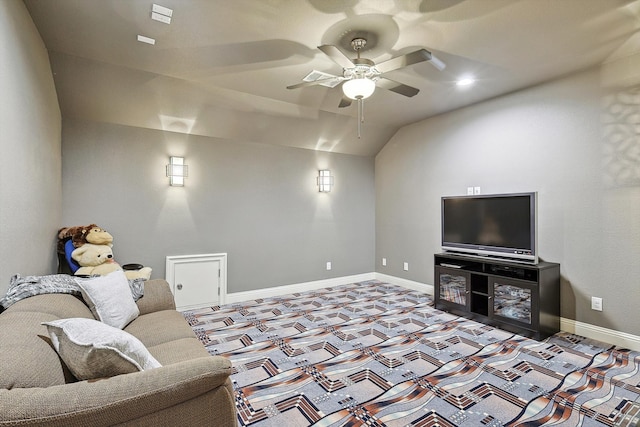 living room featuring vaulted ceiling and ceiling fan