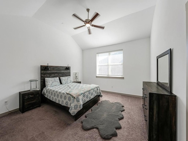 bedroom featuring ceiling fan, carpet floors, and lofted ceiling