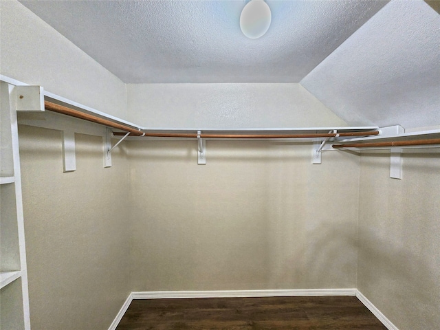 walk in closet featuring wood-type flooring and lofted ceiling