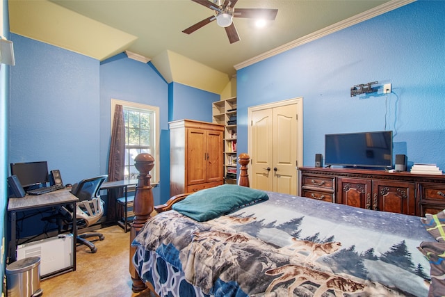 bedroom with a closet, crown molding, ceiling fan, and light colored carpet