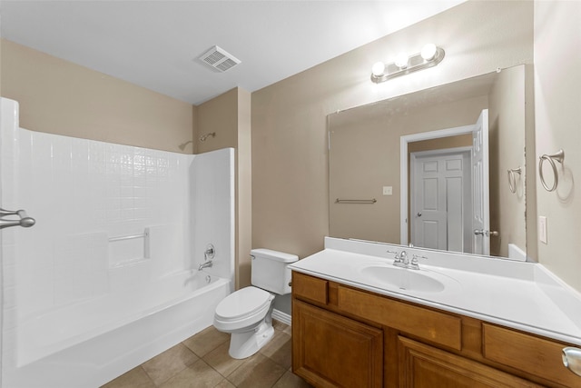 full bathroom with toilet, bathtub / shower combination, vanity, and tile patterned floors