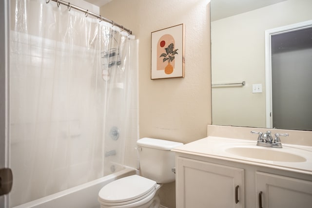 full bathroom with vanity, toilet, and shower / tub combo with curtain