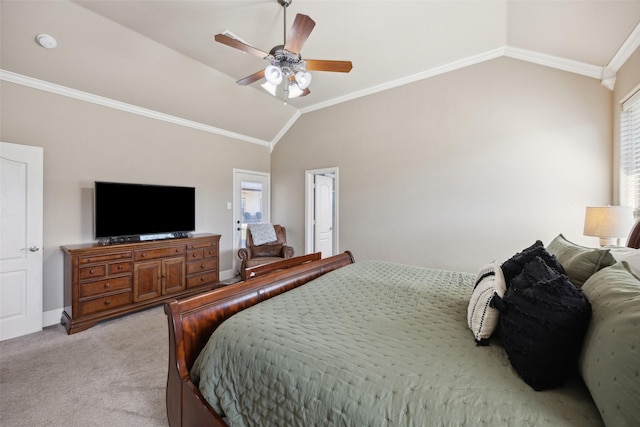 carpeted bedroom featuring ceiling fan, ornamental molding, vaulted ceiling, and multiple windows