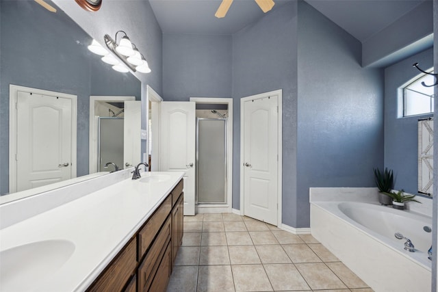 bathroom featuring vanity, tile patterned floors, ceiling fan, and independent shower and bath