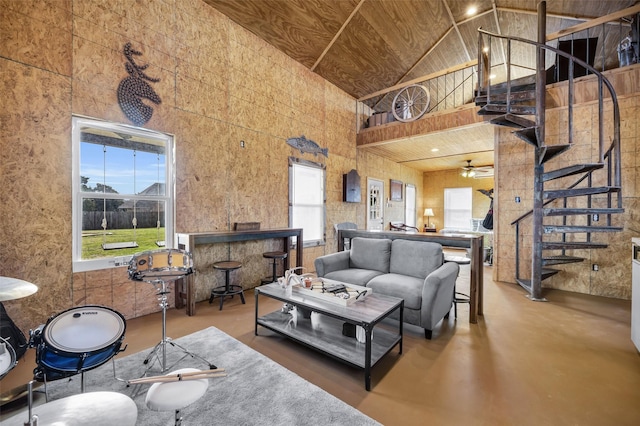 living room featuring high vaulted ceiling, ceiling fan, plenty of natural light, and wood ceiling