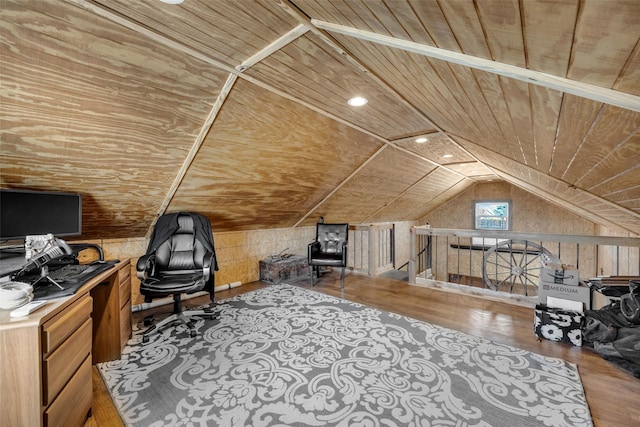 office featuring wood-type flooring, vaulted ceiling, and wooden ceiling