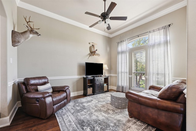 living room with ornamental molding, ceiling fan, and dark wood-type flooring