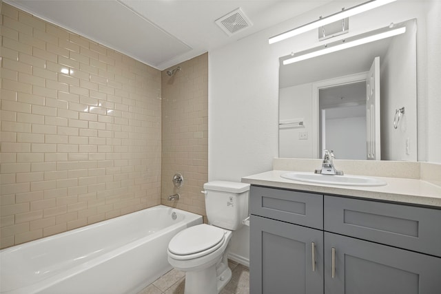 full bathroom featuring tile patterned floors, tiled shower / bath combo, toilet, and vanity