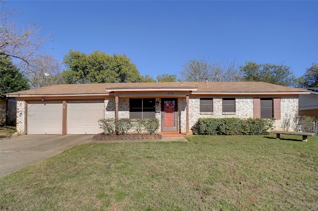 ranch-style house with a front yard and a garage