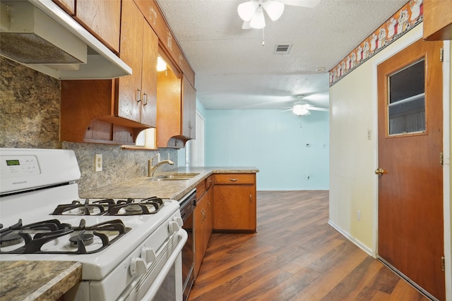 kitchen featuring gas range gas stove, dark hardwood / wood-style flooring, a textured ceiling, and sink