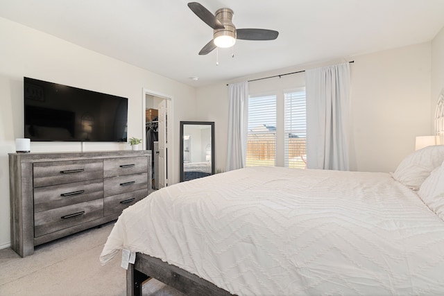 bedroom featuring ceiling fan, a walk in closet, light carpet, and a closet