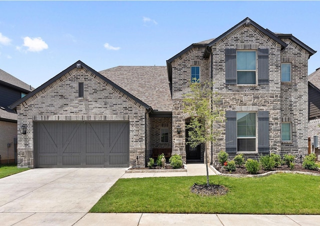 view of front of property with a front yard and a garage