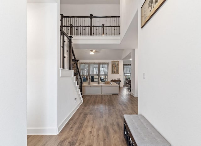 foyer entrance with hardwood / wood-style floors, a towering ceiling, and ceiling fan