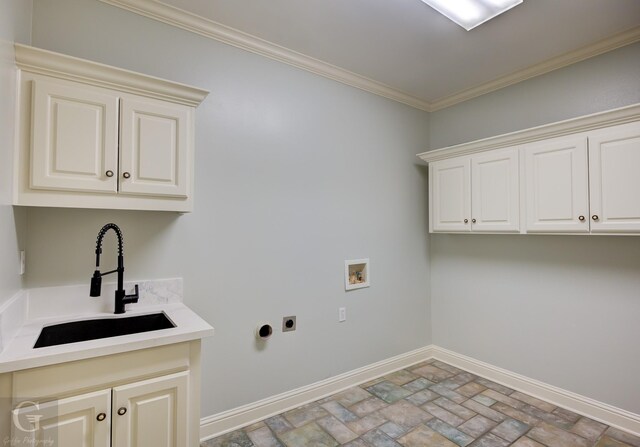 bathroom with ornamental molding, vanity, and tile patterned floors