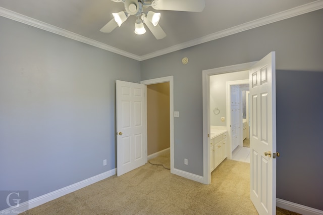 unfurnished bedroom featuring ceiling fan, ornamental molding, and light colored carpet