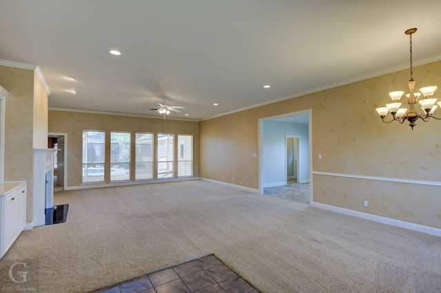 unfurnished living room with ceiling fan with notable chandelier, crown molding, and light carpet