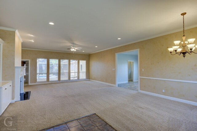 unfurnished living room with ceiling fan with notable chandelier, crown molding, and light carpet