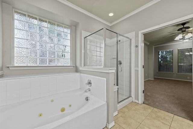 bathroom featuring ceiling fan, tile patterned flooring, plus walk in shower, and ornamental molding