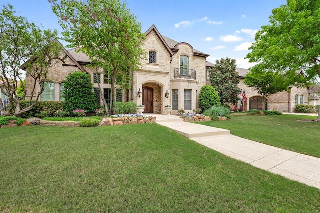 french country inspired facade with a balcony and a front lawn