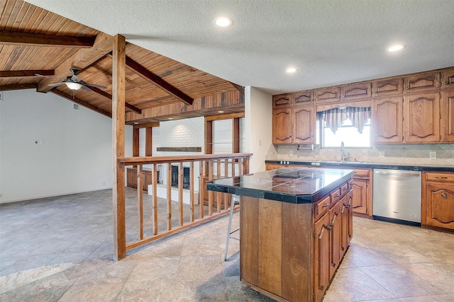 kitchen featuring dishwasher, a kitchen island, tasteful backsplash, ceiling fan, and wooden ceiling