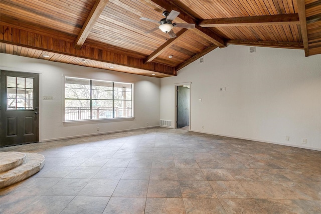 unfurnished living room with ceiling fan, a wealth of natural light, wood ceiling, and vaulted ceiling with beams