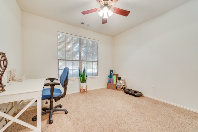 office area featuring ceiling fan and carpet