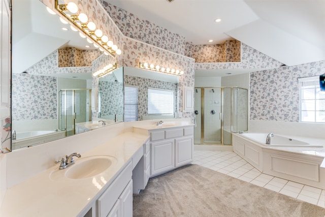 bathroom featuring a wealth of natural light, tile patterned flooring, and shower with separate bathtub