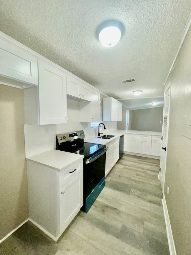 kitchen featuring sink, light wood-type flooring, white cabinetry, and electric stove