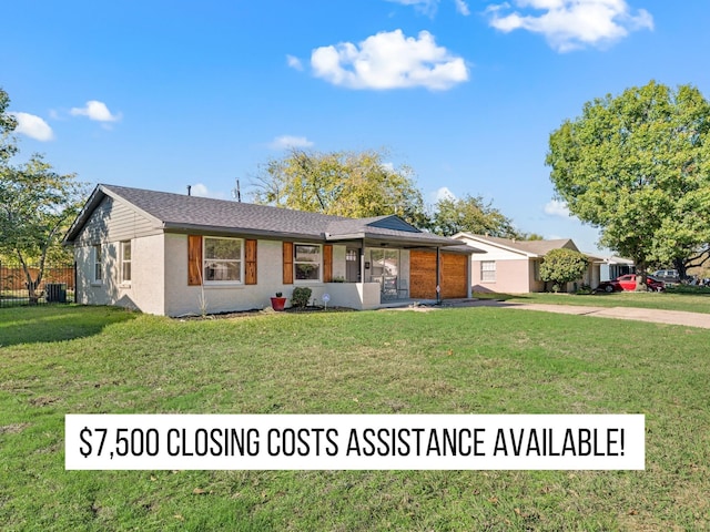 single story home featuring central air condition unit, a front lawn, and fence