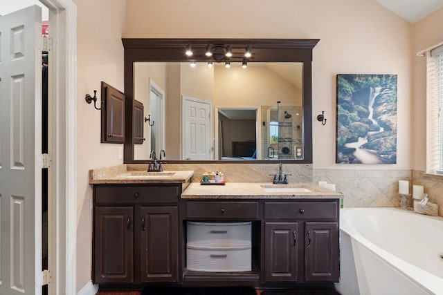 bathroom featuring vanity, a healthy amount of sunlight, and separate shower and tub