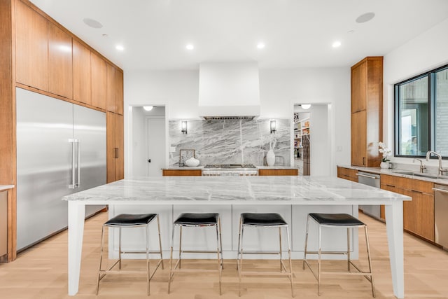 kitchen with custom range hood, stainless steel appliances, sink, light hardwood / wood-style flooring, and a center island