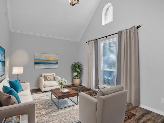 living room featuring ornamental molding, high vaulted ceiling, a wealth of natural light, and dark wood-type flooring