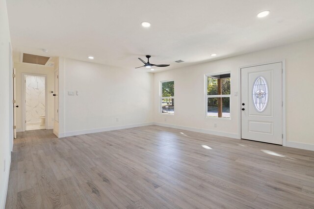 entrance foyer with light hardwood / wood-style floors and ceiling fan