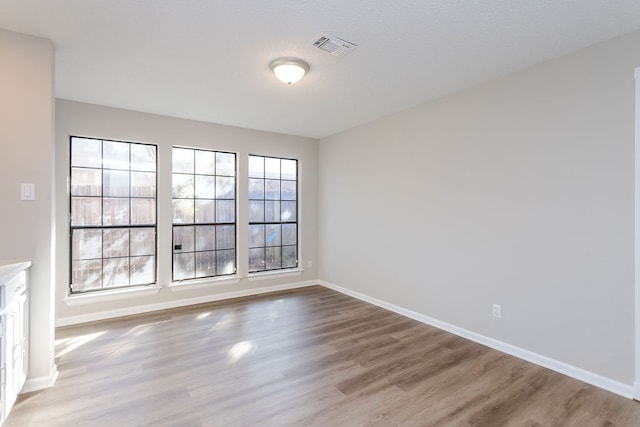 spare room featuring a healthy amount of sunlight, light hardwood / wood-style floors, and a textured ceiling