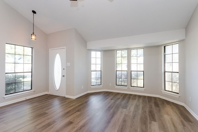 entrance foyer with lofted ceiling and dark hardwood / wood-style floors