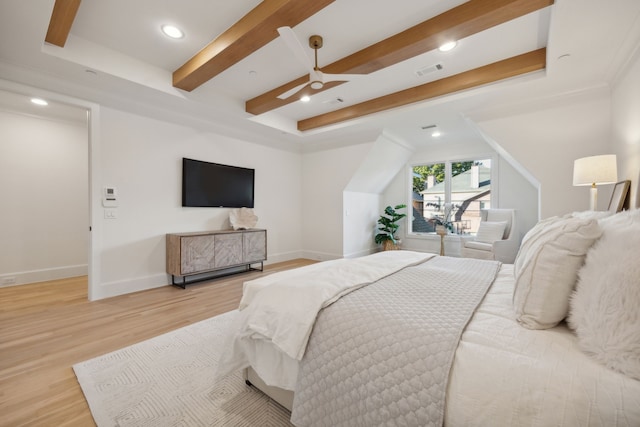 bedroom featuring beam ceiling, ceiling fan, and hardwood / wood-style floors