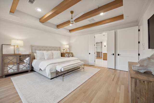 bedroom featuring ceiling fan, beamed ceiling, ornamental molding, and light wood-type flooring