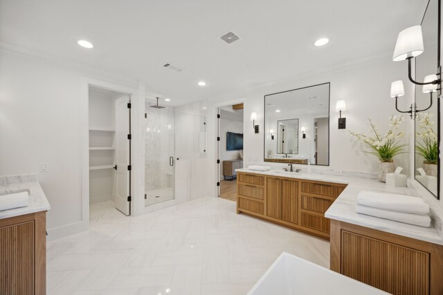 bathroom featuring crown molding, vanity, a chandelier, and an enclosed shower