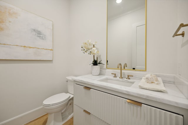 bathroom featuring vanity, wood-type flooring, and toilet