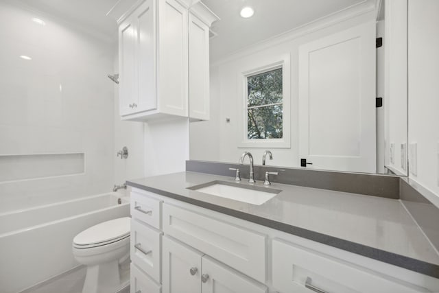 full bathroom featuring crown molding, vanity, shower / bath combination, and toilet