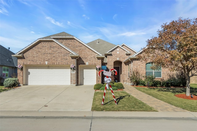 view of front of house with a garage and a front lawn